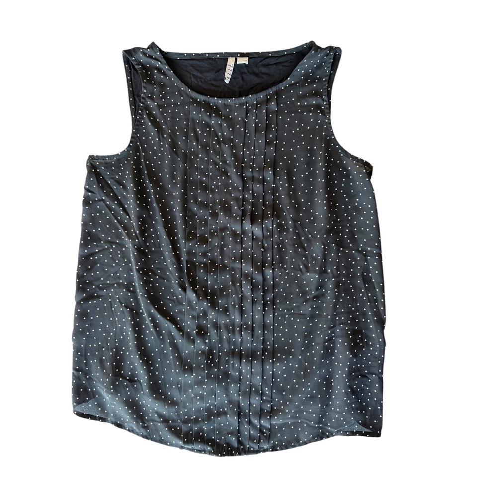 ELLE Womens Black White Polka Dot Pleated Sleeveless Blouse Top Medium